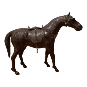 Mid 20th Century Hand Crafted Leather Wrapped Chestnut Horse Statue/Sculpture With Saddle and Stirrups