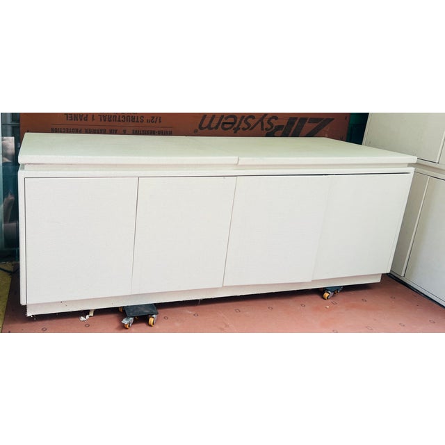 Late 20th Century Contemporary Painted Raffia Motorized Lift Bar Cabinet | Illuminated Entertaining Credenza | Hidden Cocktail Station For Sale - Image 9 of 15