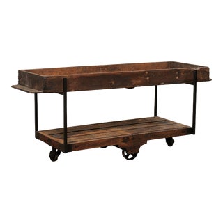 Two-Tiered Table Created With 19th Century Spanish Baker's Shelves, Rolls on Wheels For Sale