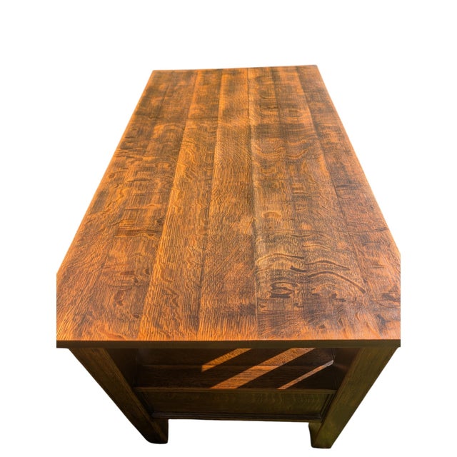 Antique Mission Style Quartersawn Oak Desk | Arts & Crafts Era Kneehole Library Writing Table For Sale - Image 15 of 17