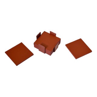 2015 Foglizzo Contemporary Set of 6 Stitched Cognac Leather Coasters With Case For Sale