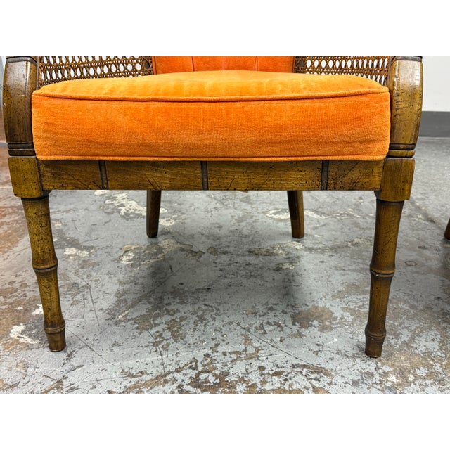 Saffron Velvet Mid 20th Century Cane Barrel Chairs, Pair For Sale - Image 9 of 12