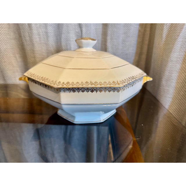 Antique Art Deco style Limoges France octagonal shape tureen with gold rimmed and details. Marked Limoges France on...