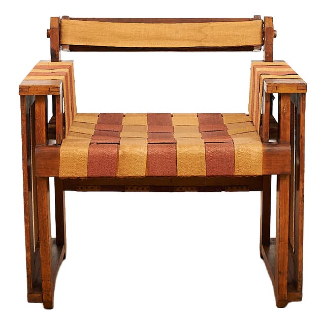 Viennese Armchair in Wooden Construction and Upholstered with Beige Red Linen Bands For Sale