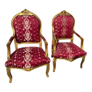 Pair of 1960s Gilt French Style Red Fabric Open Arm Chairs For Sale