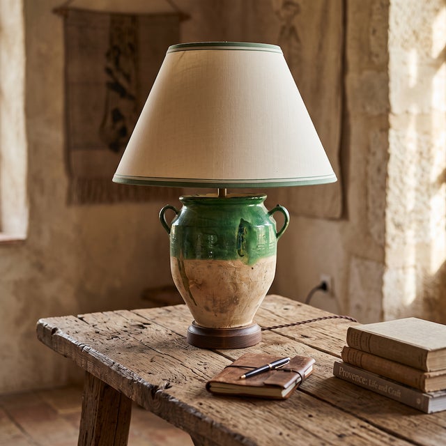 This 19th-century French provençal pot à confit vert has been thoughtfully converted into a table lamp, preserving the...
