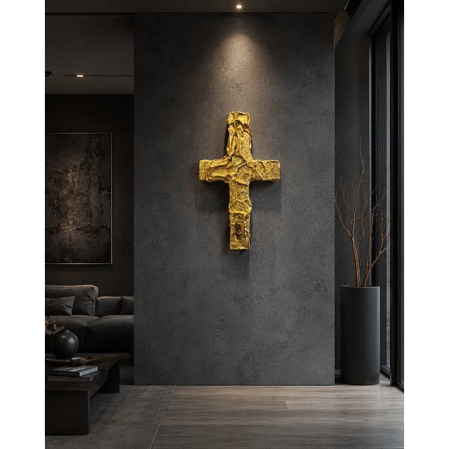 2020s One-of-a-Kind Sculptural Wall Cross in Gilded Metallic Leather For Sale - Image 5 of 5