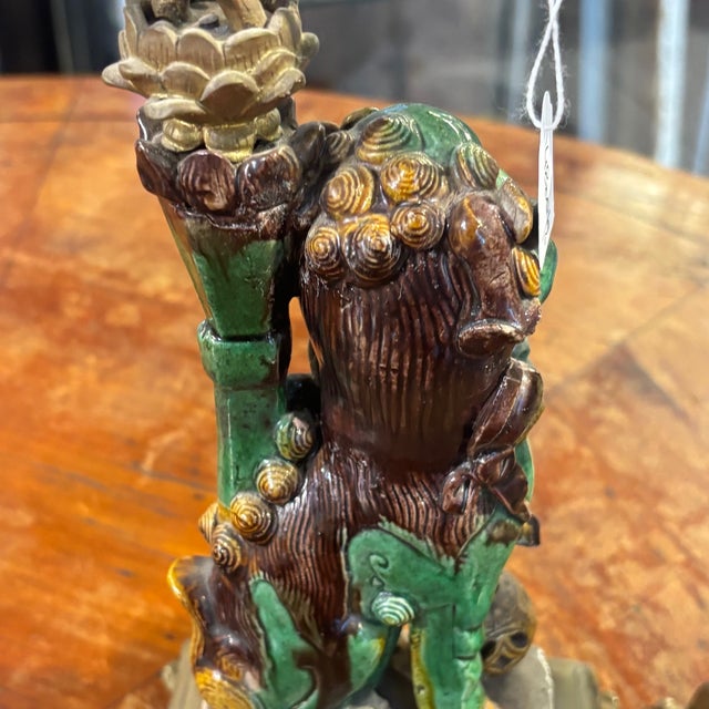 Antique Fo Dog Candleholders in Majolica and Bronze, 1800, Set of 2 For Sale - Image 10 of 15