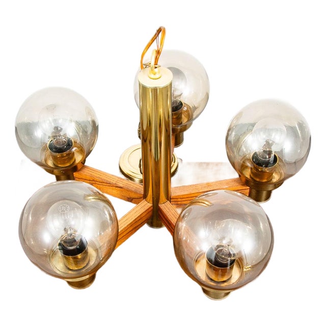 1960s Mid Century Modern Chandelier Light Lamp Brass Oak Wood 5 Light Ceiling Glass For Sale
