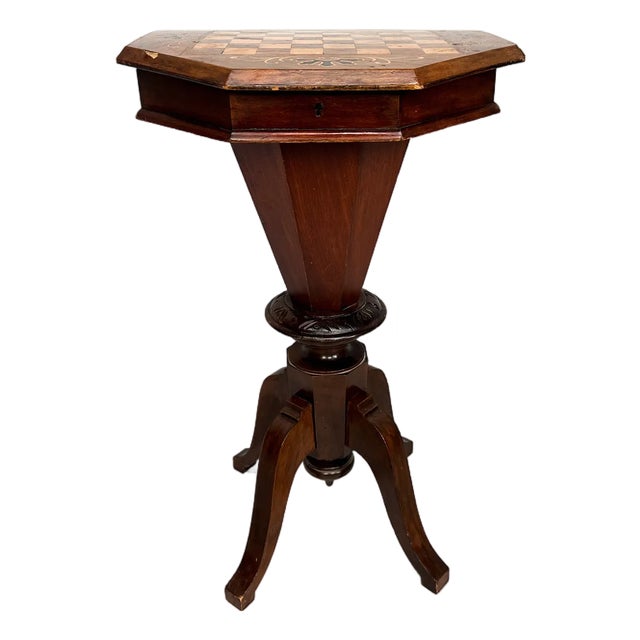 Antique Inlaid Chess Trumpet Sewing Table For Sale
