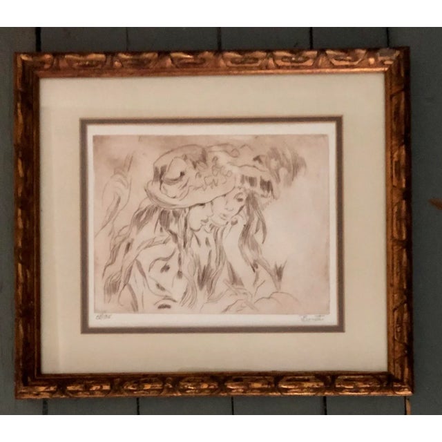 Original Impressionist Etching 2Girls With Bonnets Signed Binet For Sale - Image 4 of 4