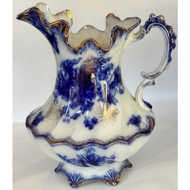 Blue Antique Made in England Flow Blue Large Scale Pitcher For Sale - Image 8 of 16