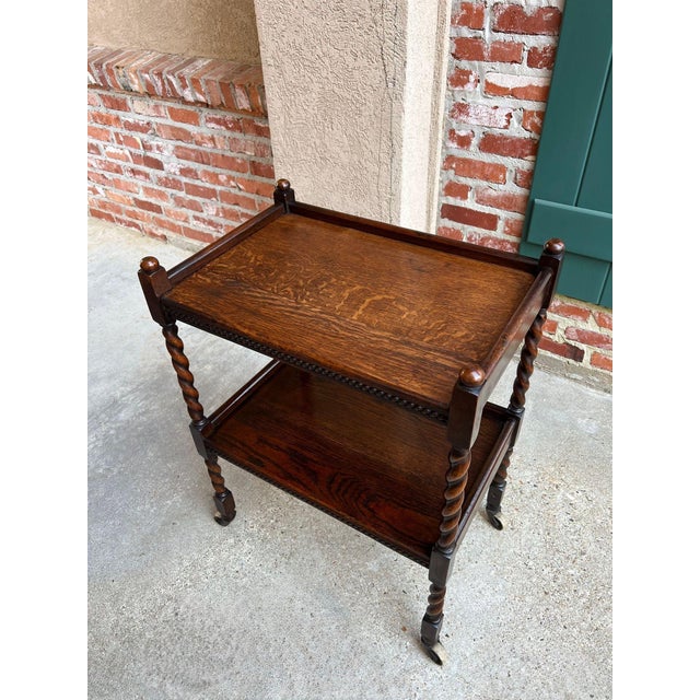 1920s Antique English Barley Twist Tea Trolley Bar Cart Table Tiger Oak Dumbwaiter For Sale - Image 5 of 18