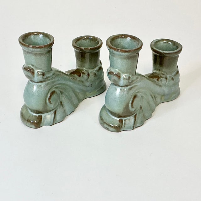 1950s Vintage Boho Chic Americana Arts & Crafts Frankoma Pottery Double Arm Candlestick Holders - A Pair For Sale - Image 10 of 18