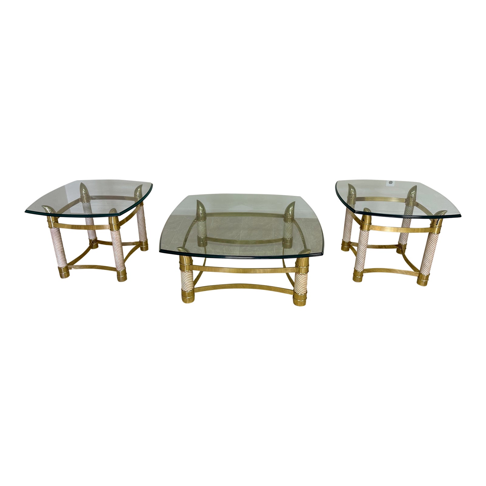 1990s Italian Horn Brass Coffee & End Tables Set with Heavy Glass Tops