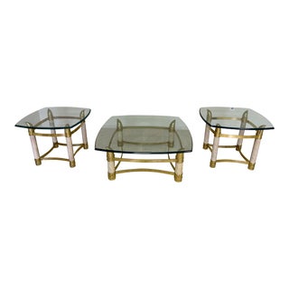1990s Italian Horn Brass Coffee & End Tables Set with Heavy Glass Tops - Set of 3 For Sale