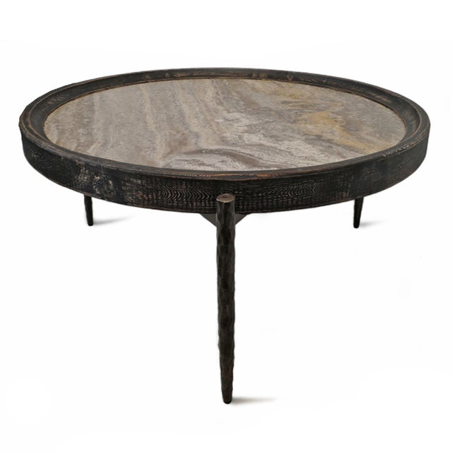 Modern clean and simple round design with rustic distressed salvage elm wood frame and inset natural marble top. Each...