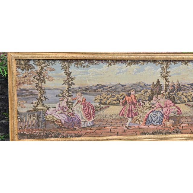 Gold Large Vintage Framed European Hand Crafted Rococo-Style Needlepoint Tapestry Wall Hanging – Romantic Garden Scene For Sale - Image 8 of 18