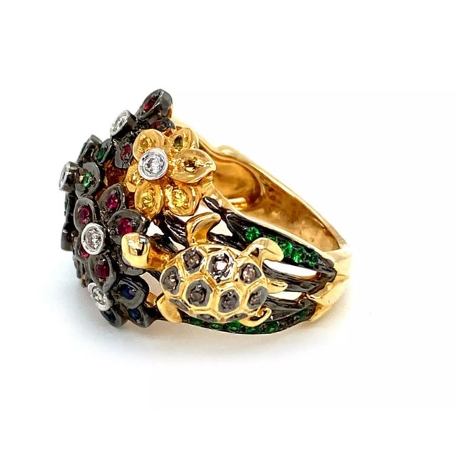 Diamond & Gems 14k Gold Flowers & Turtle Ring, Size 7 For Sale In Miami - Image 6 of 8