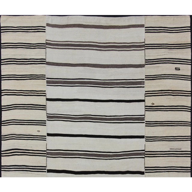 Keivan Woven Arts Flat-weave Kilim vintage rug from Turkey with stripes in brown, black and cream. Rug TU-NED-2003-4,...