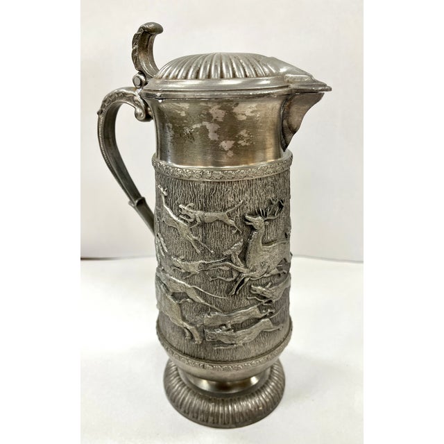 Vintage Pewter Embossed Hunting Scene Lidded Pitcher For Sale - Image 4 of 11