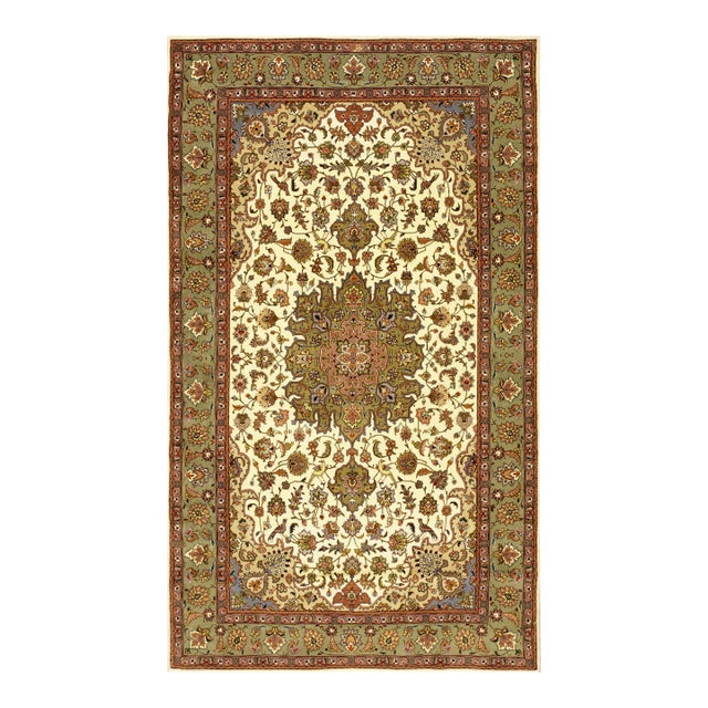 1940s Ivory Medallion Antique Tabriz Persian Rug 5' 1" X 8' 7" Handknotted Wool Carpet For Sale