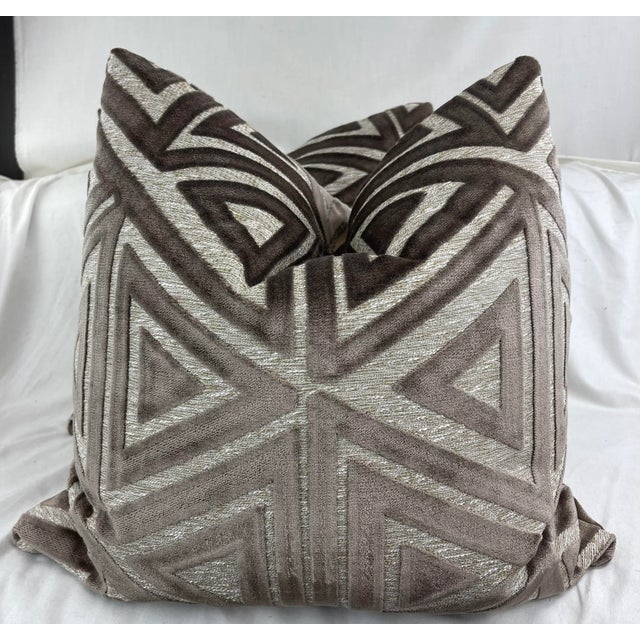 2020s Cut Velvet on Woven in Brown 22" Pillows-A Pair For Sale - Image 5 of 5