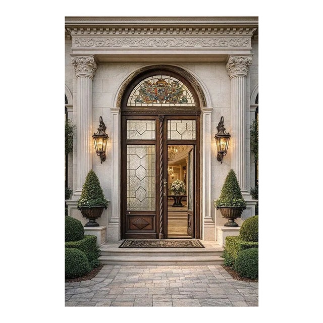 Antique Arched Entry Doors Large Double Entry Doors Leaded Window For Sale