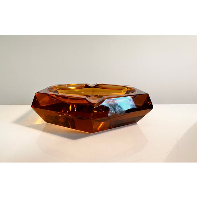 Glass Art Deco Faceted Cut Hexagonal Amber-Colored Crystal Glass Ashtray, Bohemia, Former Czechoslovakia, 1920s For Sale - Image 7 of 13