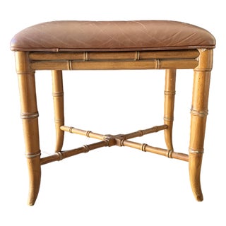 Vintage Rattan Leather Bench For Sale