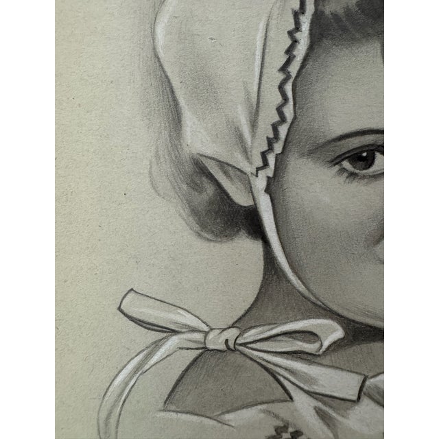 American 1940s Original Signed Graphite Illustration of Young Girl in Bonnet, 11.75 × 9 In. For Sale - Image 3 of 5