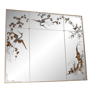 Vintage Large Eglomise Stork Gold Gilt Frame Mirror For Sale
