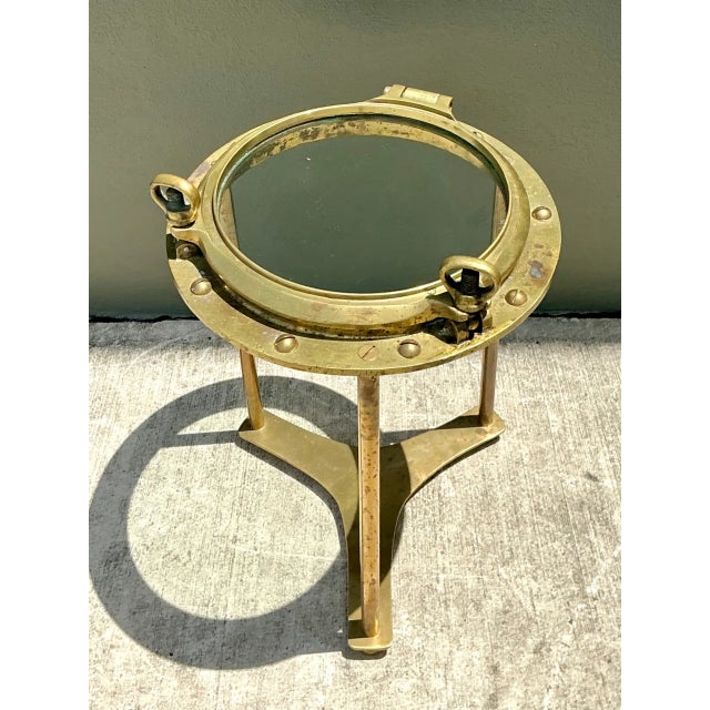 Hollywood Regency Vintage Brass and Glass Porthole Accent Table For Sale - Image 3 of 12
