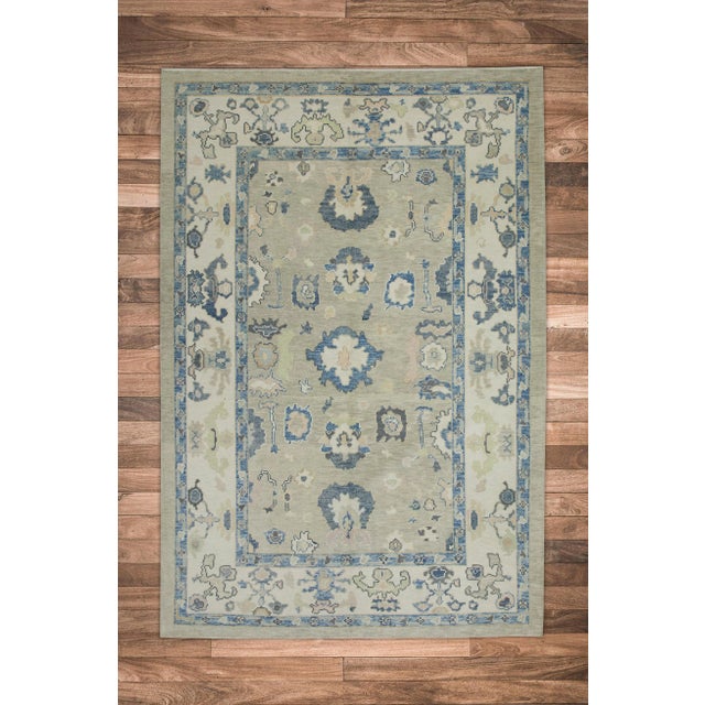 Early 21st Century Green & Blue Floral Design Handwoven Wool Turkish Oushak Rug 6'3" X 8'6" For Sale In Houston - Image 6 of 7