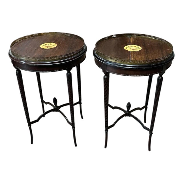 Louis XVI Antique Round End Table With Floral Marquetry Center Inlay– Set of Two For Sale