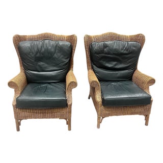 Pair of Large Wicker Wingback Chairs With Ottoman by Henry Link for Lexington Furniture 1972 For Sale