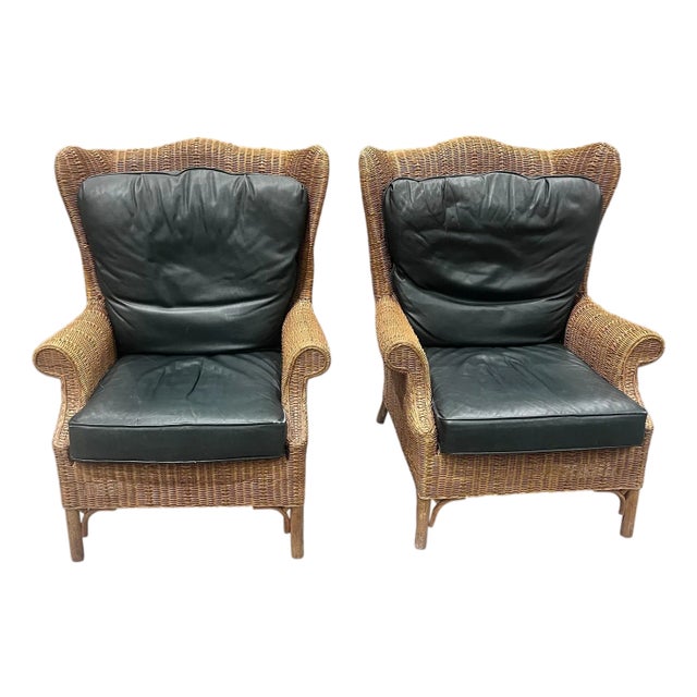 Pair of Large Wicker Wingback Chairs With Ottoman by Henry Link for Lexington Furniture 1972 For Sale