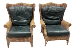 Pair of Large Wicker Wingback Chairs With Ottoman by Henry Link for Lexington Furniture 1972