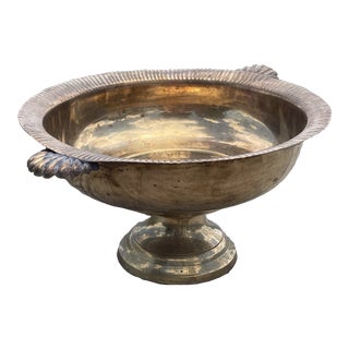 Decorative Raised Brass Bowl With Ribbed Rim and Handles For Sale