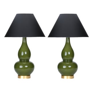 Casa Cosima Double Gourd Table Lamp, Olive Craquelure/Black Shade, a Pair For Sale