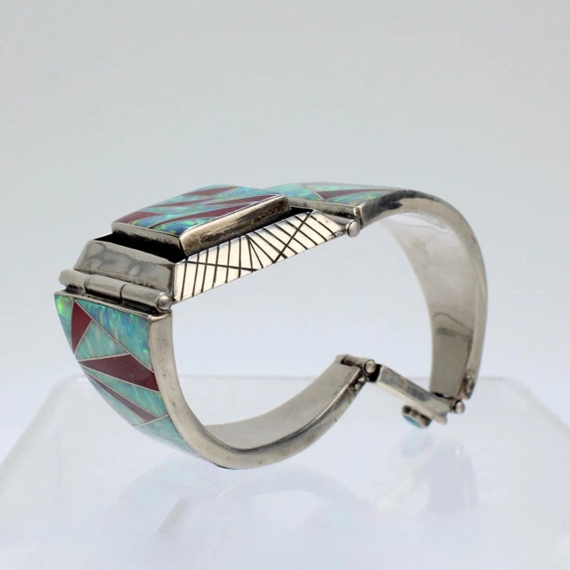 Mid 20th Century Vintage Signed Old Pawn Zuni Sterling Silver, Opal, & Red Jasper Bracelet For Sale - Image 5 of 12