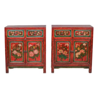 Pair of 19th Century Chinese Gansu Red-Painted Cabinets With Polychrome Floral Decoration For Sale
