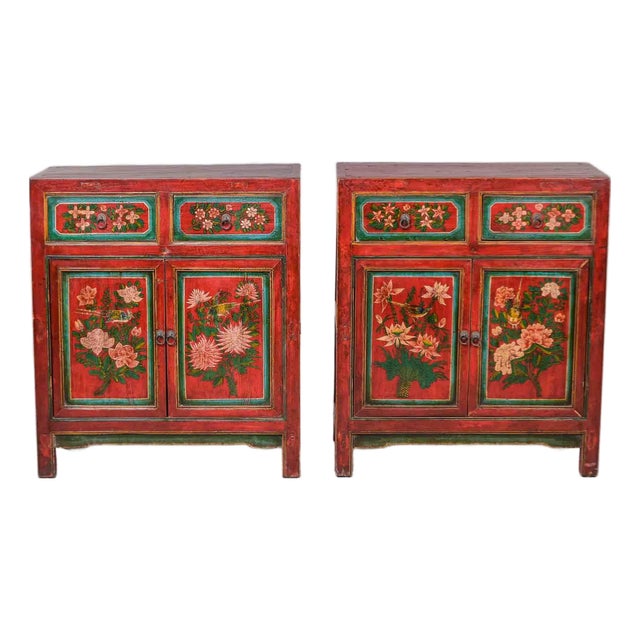 Pair of 19th Century Chinese Gansu Red-Painted Cabinets With Polychrome Floral Decoration For Sale