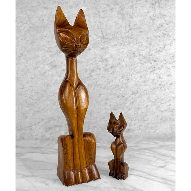 Mid-Century 17" Teak Siamese Cat Carved Sculpture - A Pair For Sale - Image 4 of 9