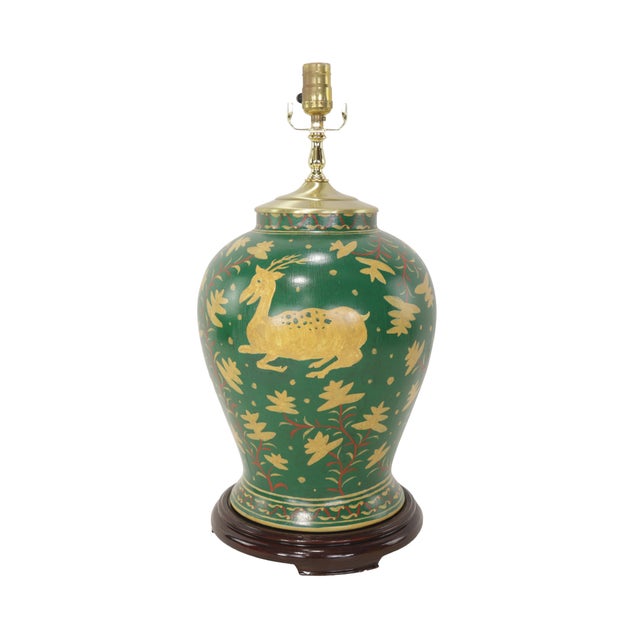 Vintage Brunschwig & Fils Hand-Painted Green Ceramic Pig Table Lamps - Pair For Sale - Image 4 of 11