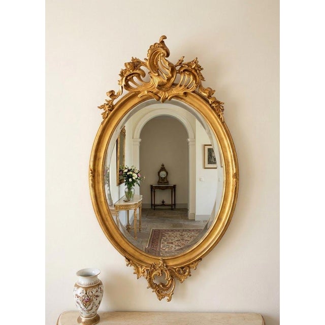 1910s Antique French Louis XV Oval Gilt Mirror, 1913 For Sale - Image 5 of 15