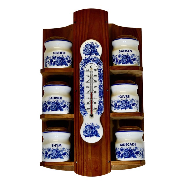 French Wall Hanging Blue and White Spice Jars with Thermometer, 1960s, Set of 7 For Sale