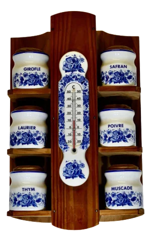 French Wall Hanging Blue and White Spice Jars with Thermometer, 1960s, Set of 7