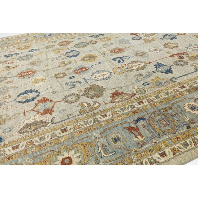 Modern Hand-Knotted Oushak Style Wool Area Rug in Soft Sage and Slate Blue 14x20 For Sale In New York - Image 6 of 12
