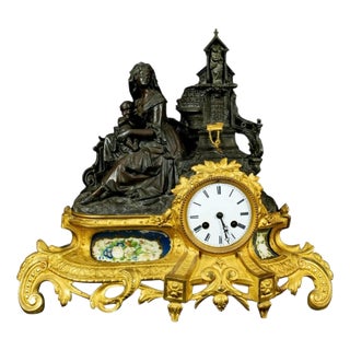 19th Century French Gilt Bronze Figural Mantel Clock with Porcelain Plaques For Sale